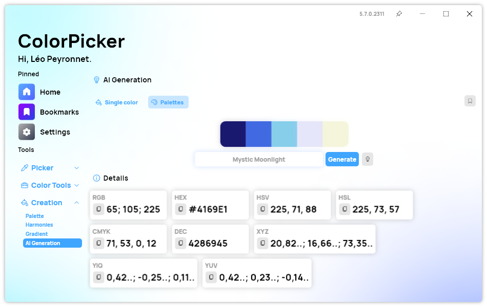 A screenshot of the 'AI Color Generation' page of ColorPicker Max