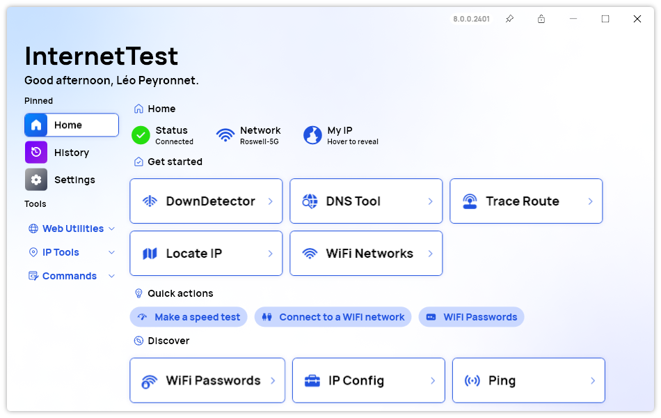 A screenshot of the 'Home' page of InternetTest Pro