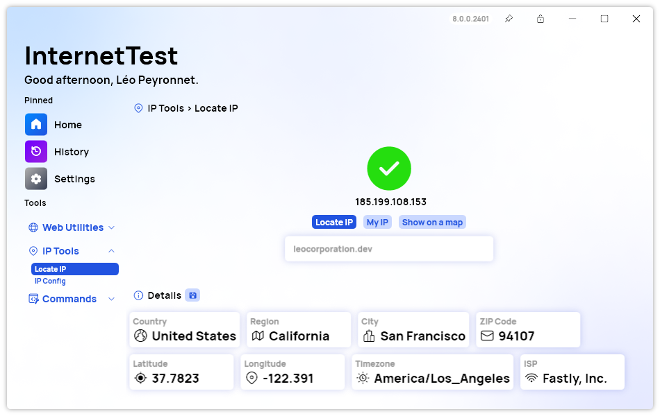 A screenshot of the 'Locate IP' page of InternetTest Pro