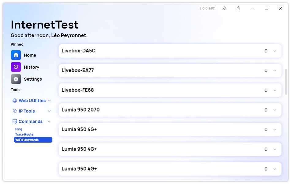 A screenshot of the 'WiFi Passwords' page of InternetTest Pro