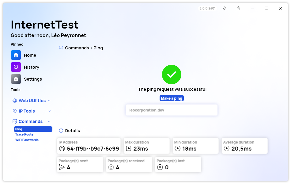 A screenshot of the 'Ping' page of InternetTest Pro