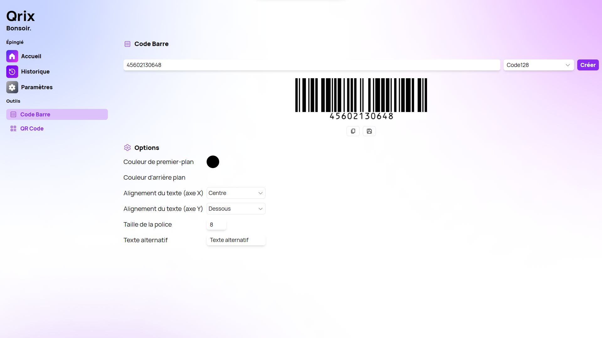 A screenshot of the 'Bar Code' page of Qrix