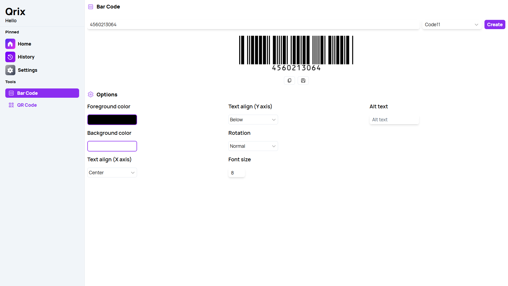 A screenshot of the 'Bar Code' page of Qrix