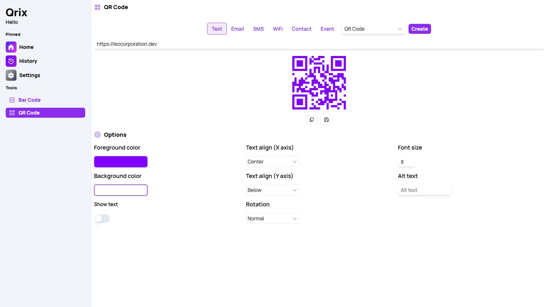 A screenshot of the 'QR Code' page of Qrix