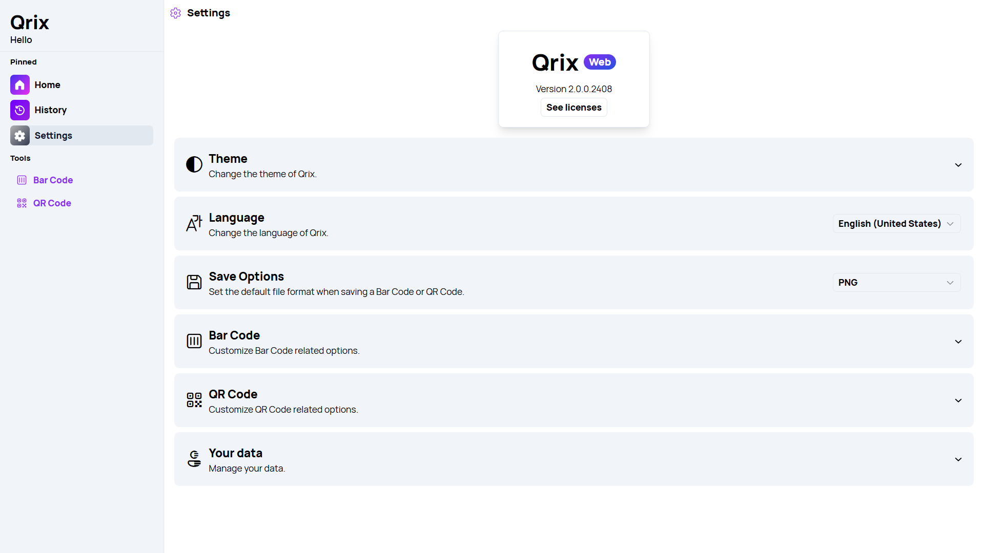 A screenshot of the 'QR Code' page of Qrix